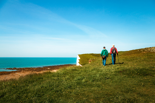 People hiking between colourful heathers, ferns and yellow flowers on Howth cliff walk surrounded by turquoise coloured Irish Sea, Dublin, Ireland