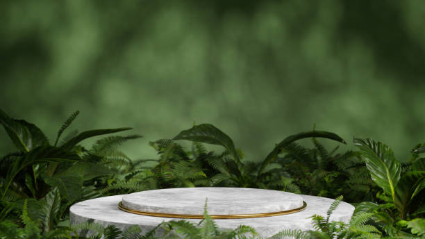 istock White marble podium surrounded by green foliage 1493211340