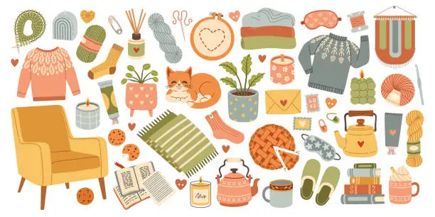 Vector illustration of Hygge set, hand drawn illustrations, scandinavian doodle sketchy elements. Cozy and comfortable lifestyle, winter and autumn mood. Chair, cat, sweater, socks, plants. Vector illustration