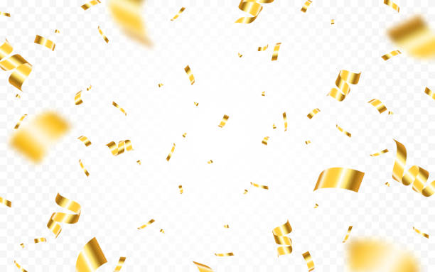 Gold confetti. Bright falling tinsel. Holiday poster concept. Yellow shining particles. Anniversary or birthday design template. Shiny carnival decoration. Vector illustration Gold confetti. Bright falling tinsel. Holiday poster concept. Yellow shining particles. Anniversary or birthday design template. Shiny carnival decoration. Vector illustration. throwing confetti stock illustrations