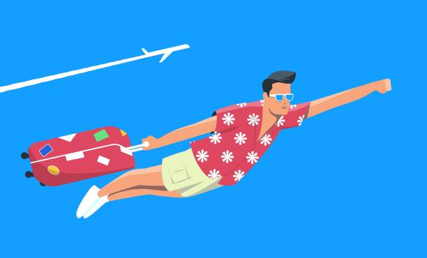 illustrations, cliparts, dessins animés et icônes de touriste transportant des bagages volant dans le ciel illustration vectorielle - travel suitcase hawaiian shirt people traveling