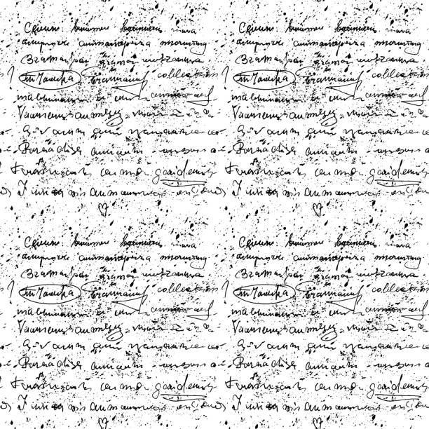 읽을 수 없는 텍스트와 잉크 얼룩이 있는 매끄러운 벡터 패턴, 읽을 수 없는 잉크로 쓴 시의 추상적인 빈티지 배경. - article pen manuscript writing stock illustrations