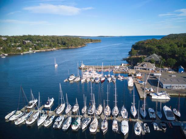 istock a harbor with boats docked and people standing on the dock 1493218550