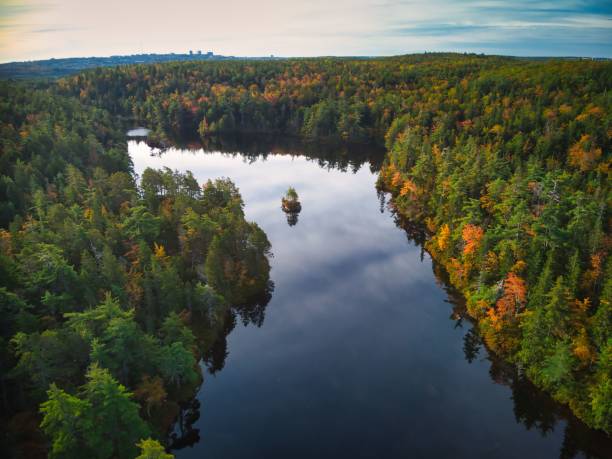 istock a small boat sits in a still calm river, surrounded by colorful fall foliage 1493218559