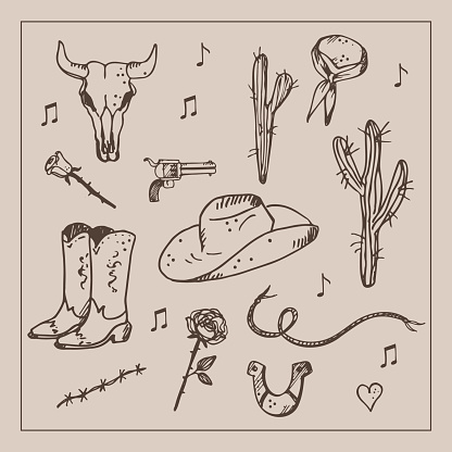Wild West concept. Various objects. Cowboy theme, western. Boots, pistol, cactus, snake, horseshoe, bandana, skull, rose. Hand drawn. Design element. Vector art illustration. Life style