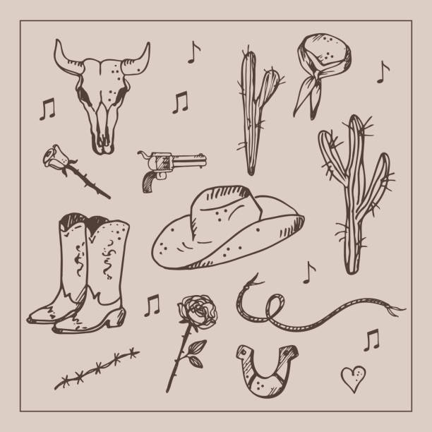 Wild West concept. Various objects. Cowboy theme, western. Boots, pistol, cactus, snake, horseshoe, bandana, skull, rose. Hand drawn. Design element. Vector art illustration. Wild West concept. Various objects. Cowboy theme, western. Boots, pistol, cactus, snake, horseshoe, bandana, skull, rose. Hand drawn. Design element. Vector art illustration. Life style theme wild wild west stock illustrations