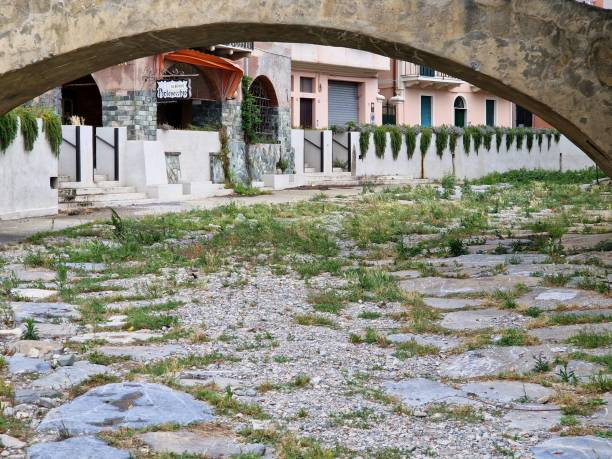 istock Dry river bed with green plants growing in between the cracks and old stone bridge 1493220270