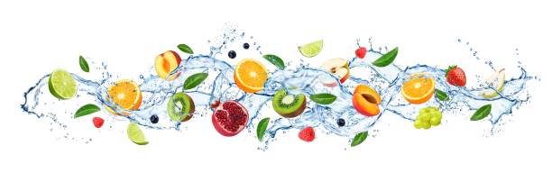 ilustraciones, imágenes clip art, dibujos animados e iconos de stock de salpicaduras de ola de agua con frutas, jugo de bebidas de bayas - water flowing water pouring ice