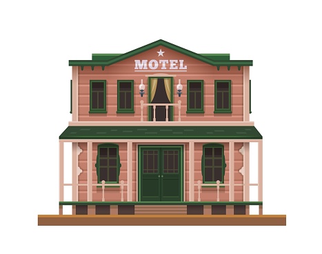 Western, Wild West motel or hotel, town building and old American country architecture, isolated vector. Western motel or Wild West hotel wooden house entrance, cartoon facade exterior