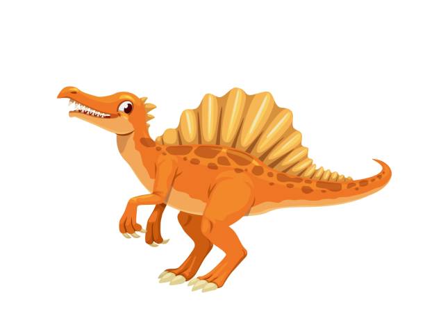 Cartoon Spinosaurus dinosaur funny character Cartoon Spinosaurus dinosaur character. Prehistoric lizard isolated vector cheerful personage. Extinct reptile, Mesozoic era animal or carnivorous dinosaur cute mascot with sharp teeth and spine hump spinosaurus stock illustrations