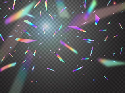 Holographic falling confetti glitters with bokeh light. Holiday celebration confetti, party glitter or disco shine vector transparent background with flying iridescent foil, glass or metal pieces