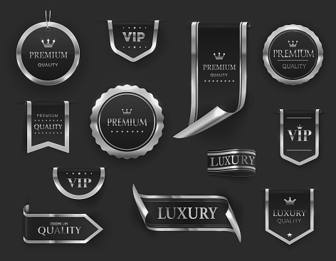 Silver luxury labels and banners. Vector set of seals, medals, award badges, best quality guarantee certificates, emblems and ribbons for product promotion. Isolated VIP quality guaranteed stamps