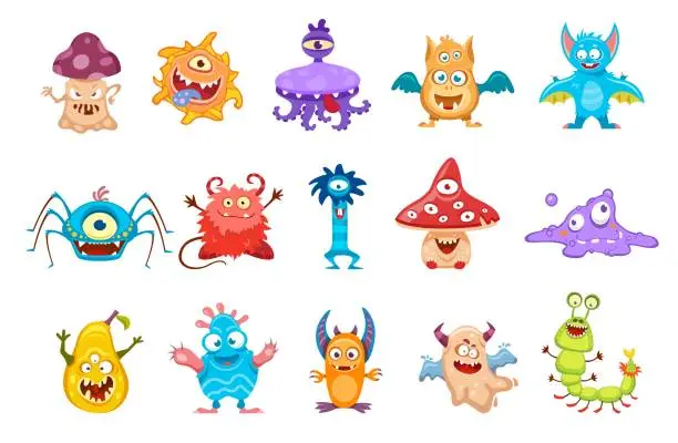 Vector illustration of Monsters, cartoon cute funny characters, mutants