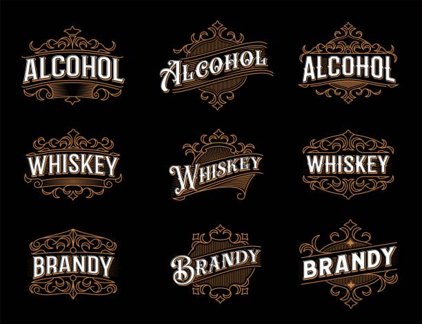 ilustraciones, imágenes clip art, dibujos animados e iconos de stock de whisky artesanal, etiquetas vintage de brandy alcohol - cognac bottle