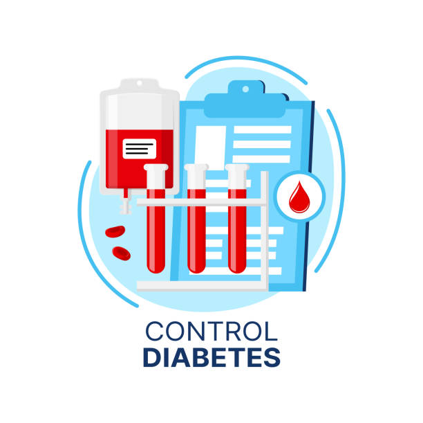 Diabetes control icon, glucose test and blood drop Diabetes control icon of vector blood sugar or glucose level test tubes, blood bag and drop with medical check up clipboard. Diabetes mellitus type diagnosis, care and prevention, healthcare concept blood typing stock illustrations