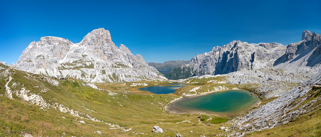 Beautiful panorama of the beautiful Laghi dei piani, Tres Cime Di Laverdo, Dolomites, Italy