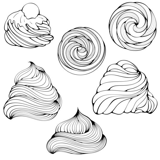 Whipped cream swirl set line art Set of whipped cream or meringue swirl. Marshmallow or frozen yogurt for dessert, cupcake, ice cream. Decorative spiral. Vector illustration in hand drawn cartoon sketch style. Line art isolated frozen coloring pages stock illustrations