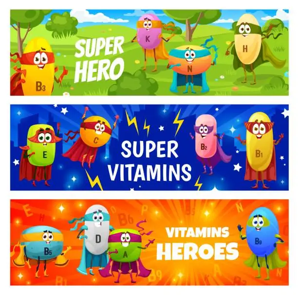 Vector illustration of Cartoon happy superhero vitamin characters banner
