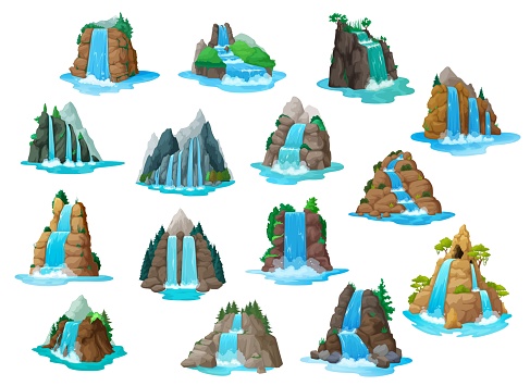 Waterfall and water cascades, game asset for cartoon levels, vector GUI nature landscape. Waterfall and cascades from mountain river or island rock hill, forest lakes of fantasy game asset