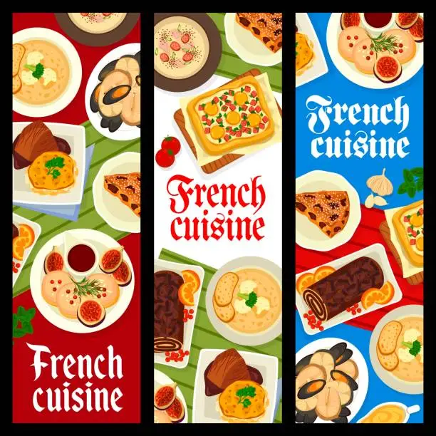 Vector illustration of French cuisine banners, food dishes, meals plates