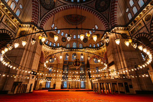 Inside of a Suleymaniye Mosque in Istanbul, Turkey.