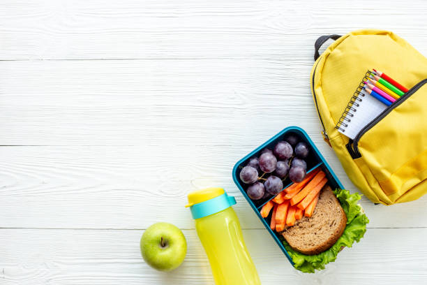 istock School lunch box with food and backpack, top view 1493225992