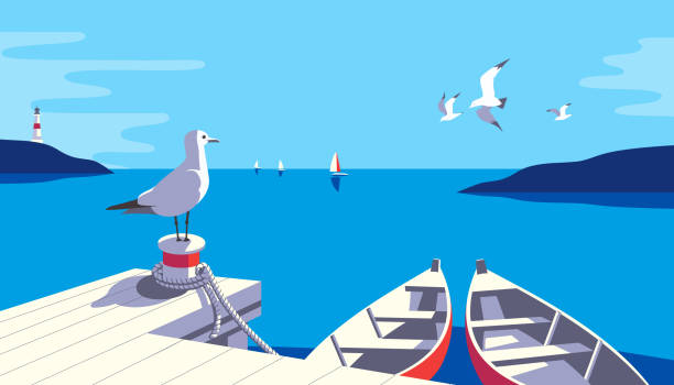 Seascape with boats, seagull on pier illustration Seascape with rowing boats and seagull on pier vector illustration. Seaside holiday vacation travel poster background. Ocean bay scenic view with seabirds, yachts, sailing boats flat minimal design Marina stock illustrations