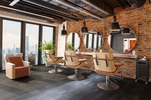 Barber Shop Interior With Chairs, Mirrors, Pendant Lights, Brick Wall And Cityscape From The Window. 3D Rendering