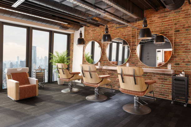 Barber Shop Interior With Chairs, Mirrors, Pendant Lights, Brick Wall And Cityscape From The Window Barber Shop Interior With Chairs, Mirrors, Pendant Lights, Brick Wall And Cityscape From The Window. 3D Rendering salon mirror stock pictures, royalty-free photos & images