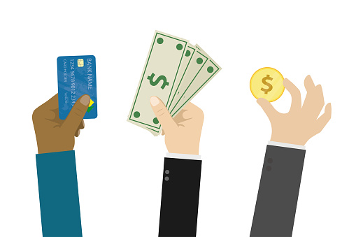 People's hands hold different payment options. Banknotes, coin and plastic card. Cash and non-cash money. Payment for goods and services. Flat vector illustration