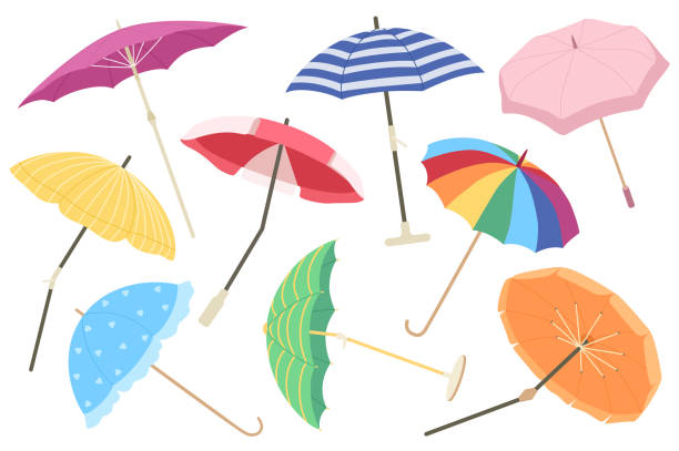 ilustraciones, imágenes clip art, dibujos animados e iconos de stock de conjunto vectorial de paraguas - rainbow umbrella descriptive color multi colored