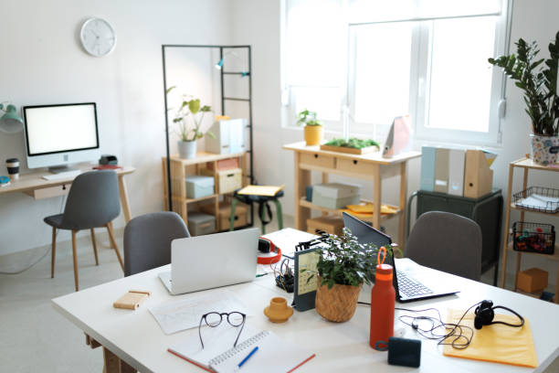 istock Small modern office with no people 1493240085