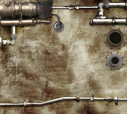 Vintage steampunk backdrop with pipes on stucco wall. Open space with concrete wall and pipelines. Mock-up with copy space. Grunge interior background. 3d render