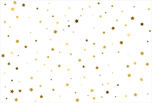 Random falling gold stars on white background. Glitter pattern for banner, greeting card, Christmas and New Year card, invitation, postcard, paper packaging.