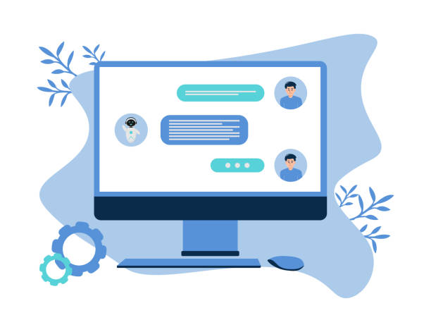 Illustration with artificial intelligence chatbot, computer robot icons and chatting communication. A human and chatbot chat is shown on the computer screen.