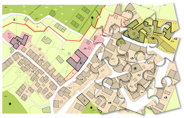 istock Imaginary General Urban Plan with indications of urban destinations with buildings, roads, buildable areas and land plot - Problems and solutions concept in jigsaw puzzle shape 1493246537