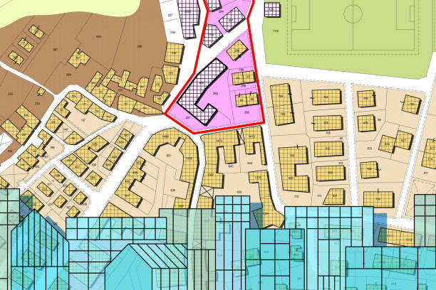 istock Imaginary cadastral map of territory and General Urban Plan with indications of urban destinations with buildings, roads, buildable areas and land plot with cityscape 1493250952