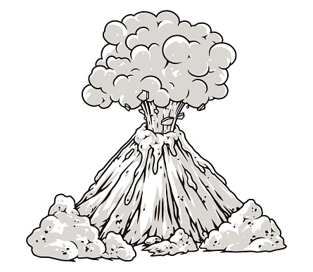Volcano spewing lava emblem monochrome with pillar of smoke and fire over mountain during natural disaster vector illustration