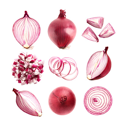 Set of fresh red onion isolated on white background