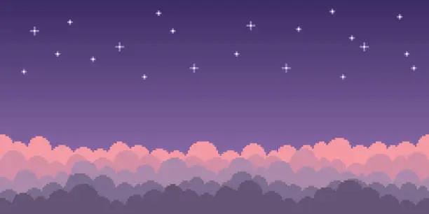 Vector illustration of 8bit pixel art illustration of curly clouds in the starry sky in retro platformer style