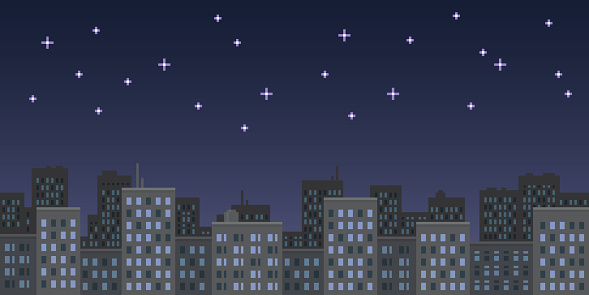 Colorful simple vector pixel art seamless endless horizontal illustration of city high rise buildings under the starry night sky in retro platformer style. Arcade screen for game design