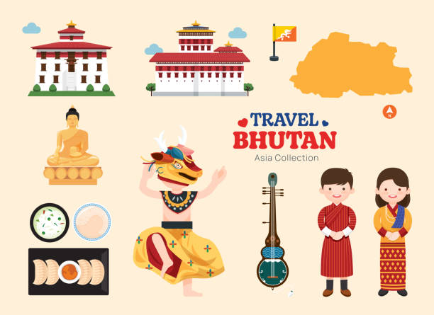 reise bhutan flache ikonen gesetzt. bhutanesische elementsymbolkarte und sammlung von sehenswürdigkeiten, symbolen und objekten. vektor-illustration - bhutanese flag stock-grafiken, -clipart, -cartoons und -symbole