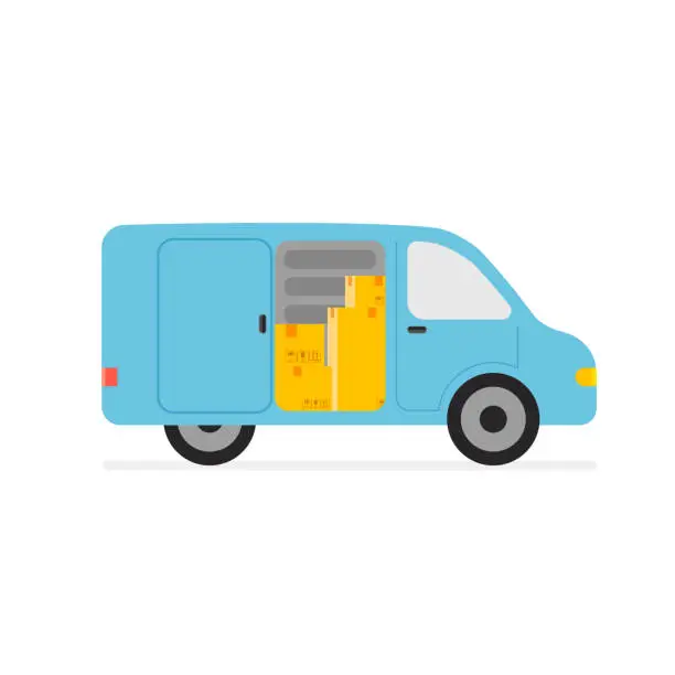 Vector illustration of Express delivery by van with heap of boxes inside car.