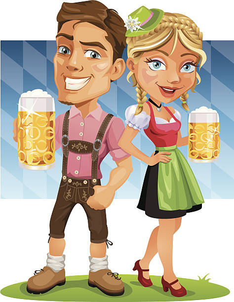 Sorridente Oktoberfest Casal segurando cerveja com Bandeira da Bavária - ilustração de arte vetorial