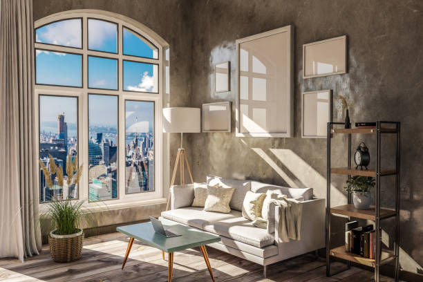 istock luxurious loft apartment with arched window and panoramic view over urban downtown; noble interior living room design mock up; 3D Illustration 1493258400