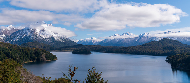 Beautiful view of the Circuito Chico in the city of San Carlos de Bariloche and the lakes, forests and mountains of the Nahuel Huapi National Park.