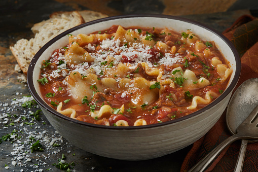 Lasagna Soup with Ground Beef, Parmesan Cheese, Fresh Parsley and French Bread