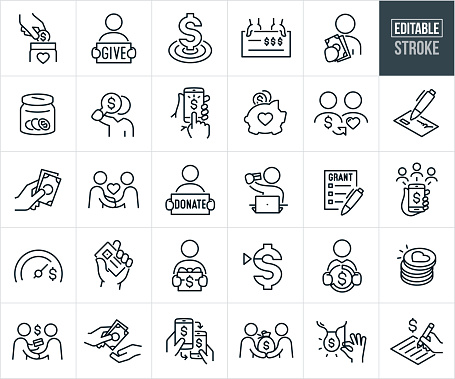 A set of donations, grants and endowments icons that include editable strokes or outlines using the EPS vector file. The icons include a hand putting coins into a donation jar, person holding a 