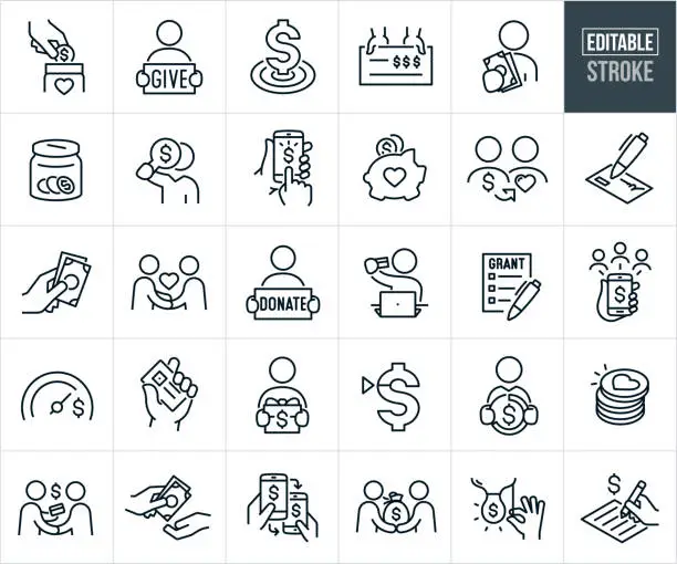 Vector illustration of Donations, Grants And Endowments Thin Line Icons - Editable Stroke