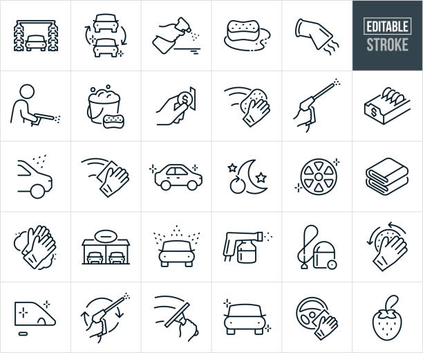 auto wäsche dünne linie icons - editierbare strich - washing water car cleaning stock-grafiken, -clipart, -cartoons und -symbole